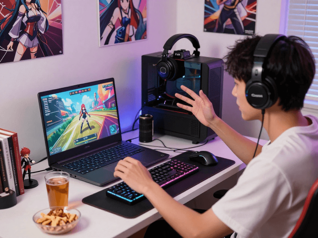 Player enjoying a hentai game in a vibrant gaming setup, showcasing engaging graphics and accessories.