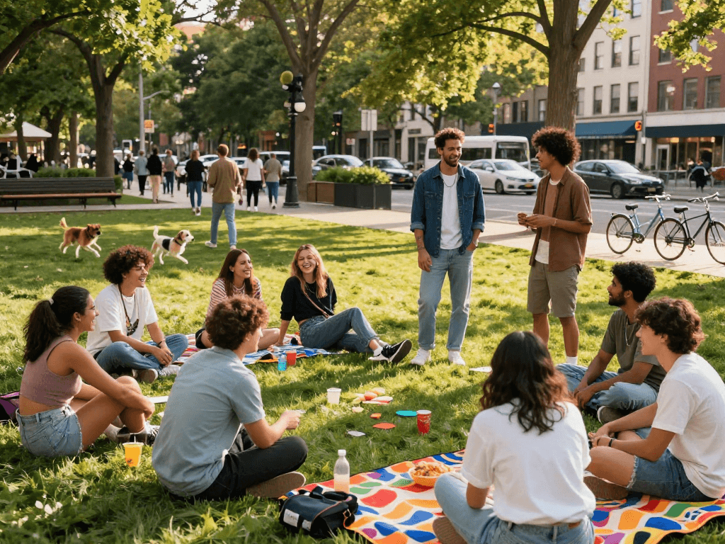 Group of friends socializing in a park, embracing the energy of sluts ai lifestyle.