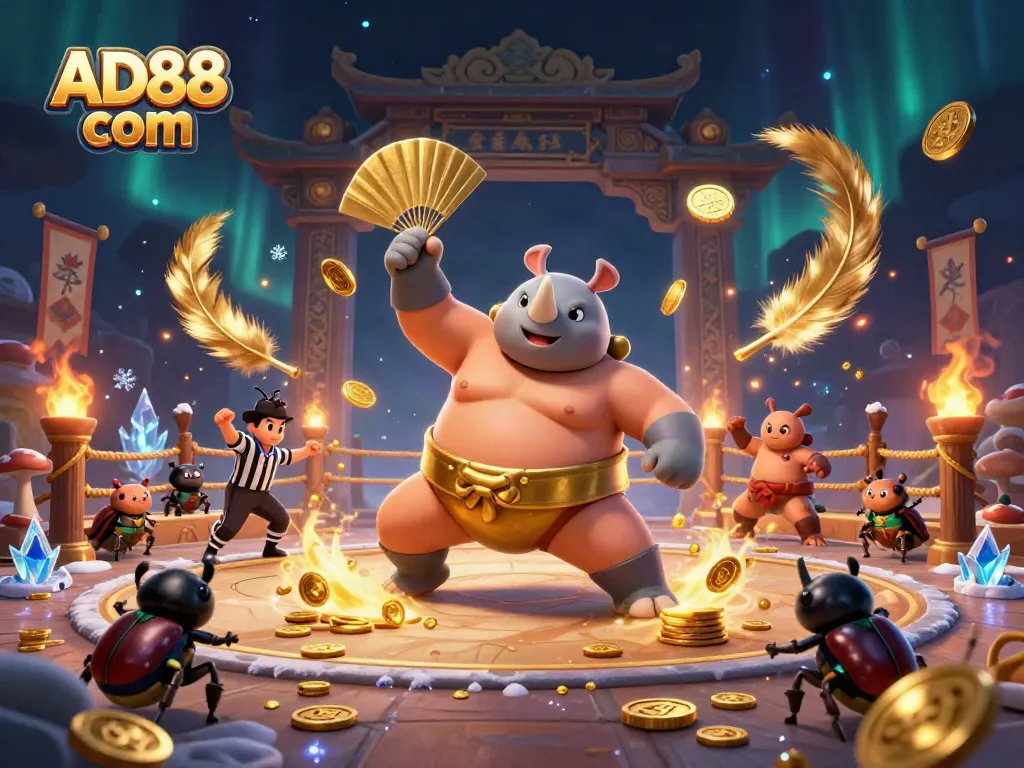 Experience the thrill of AD88 com with a vivid illustration featuring a beetle sumo champion amidst flying coins and dynamic casino elements.