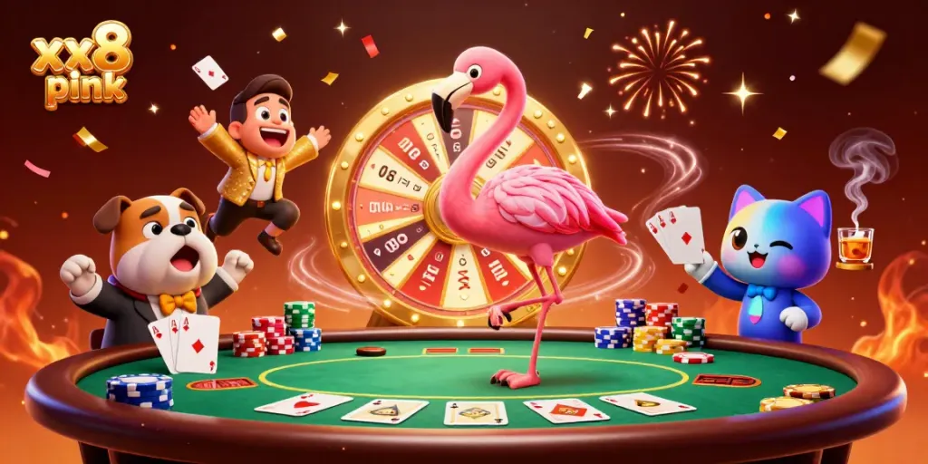 Experience exciting gameplay with xx8 pink as a flamingo host spins a prize wheel with dazzling casino elements.