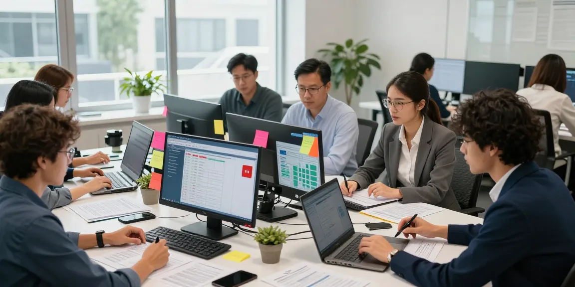 Team collaborating on document fraud detection strategies in a bright office setting with digital devices and data displays.