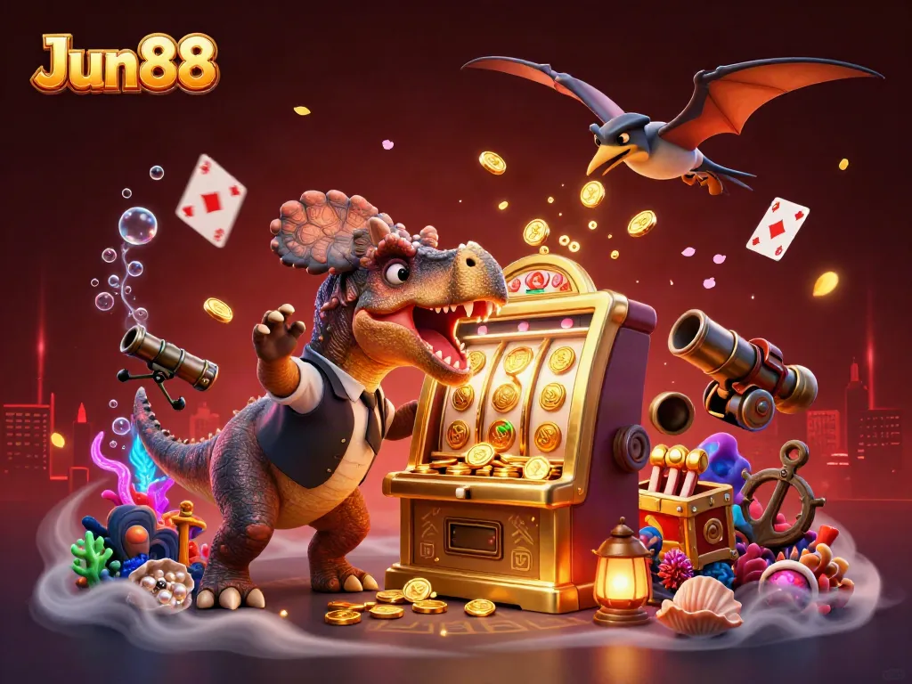 Experience the excitement of Jun88 as a pachycephalosaurus activates a jackpot at a slot machine