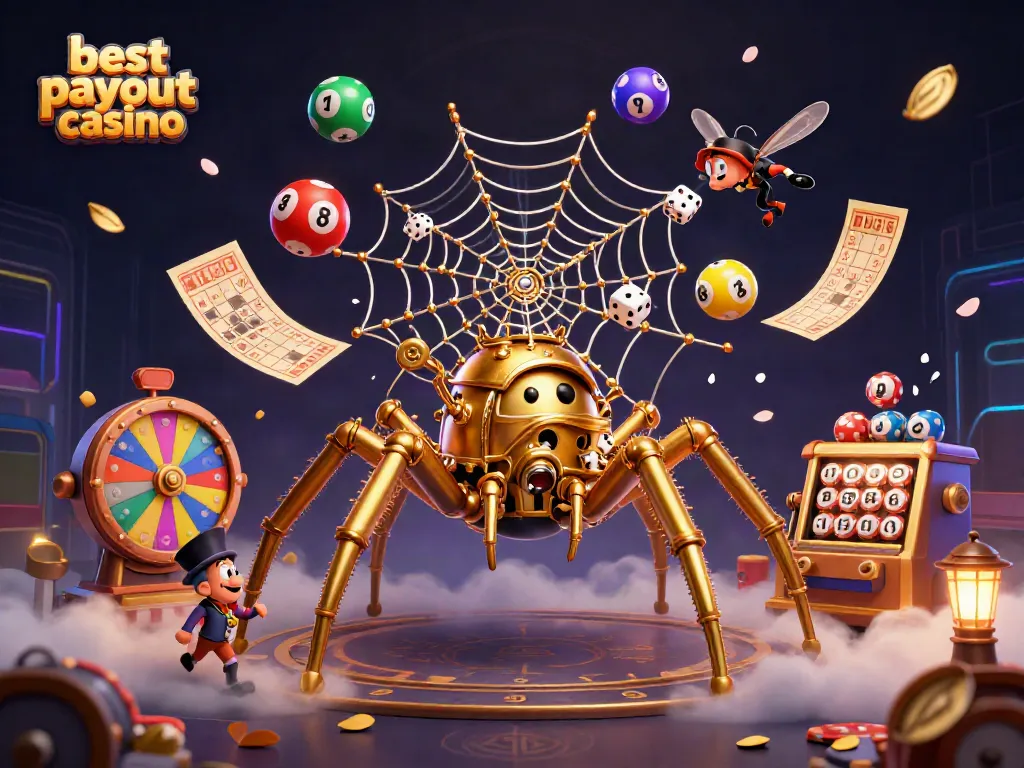Experience the thrill at the best payout casino with a steampunk spider and playful elements.