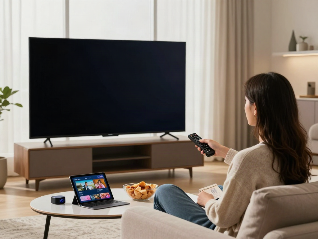 Enjoying abbonamento iptv on a cozy couch with snacks and tech devices.