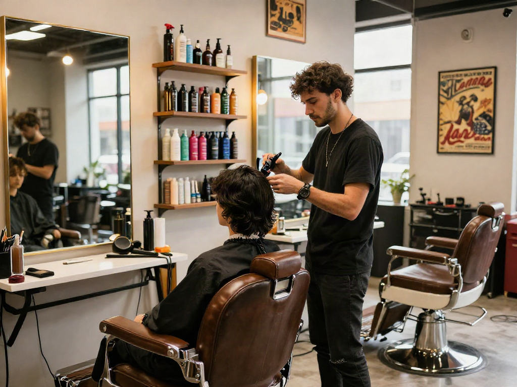 Stylish barber shop scene with hair products and a stylist at https://carbonegroupparrucchieri.it/.