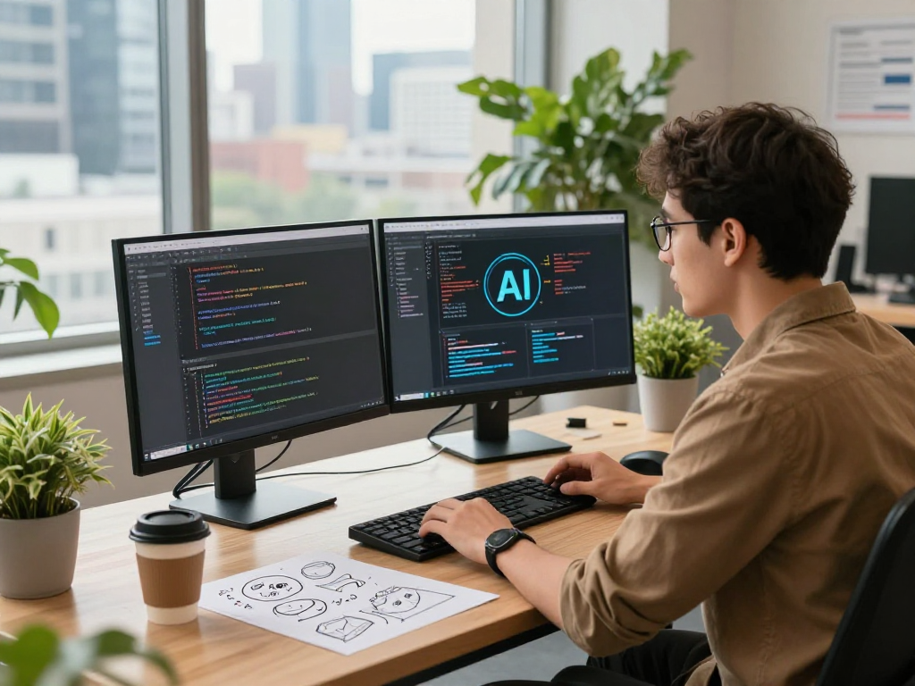 Developer working on Juicy ai project in a modern tech workspace with dual monitors.