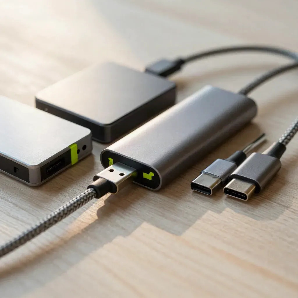 Tre hard disk in alluminio, hub USB-C e cavi intrecciati su legno chiaro, vista macro dall’alto