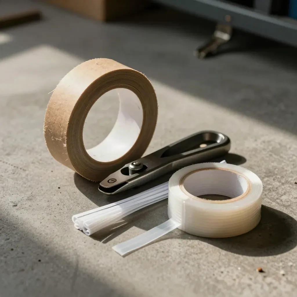 Kit da spedizione con nastro kraft, cutter, fascette e film stretch su cemento