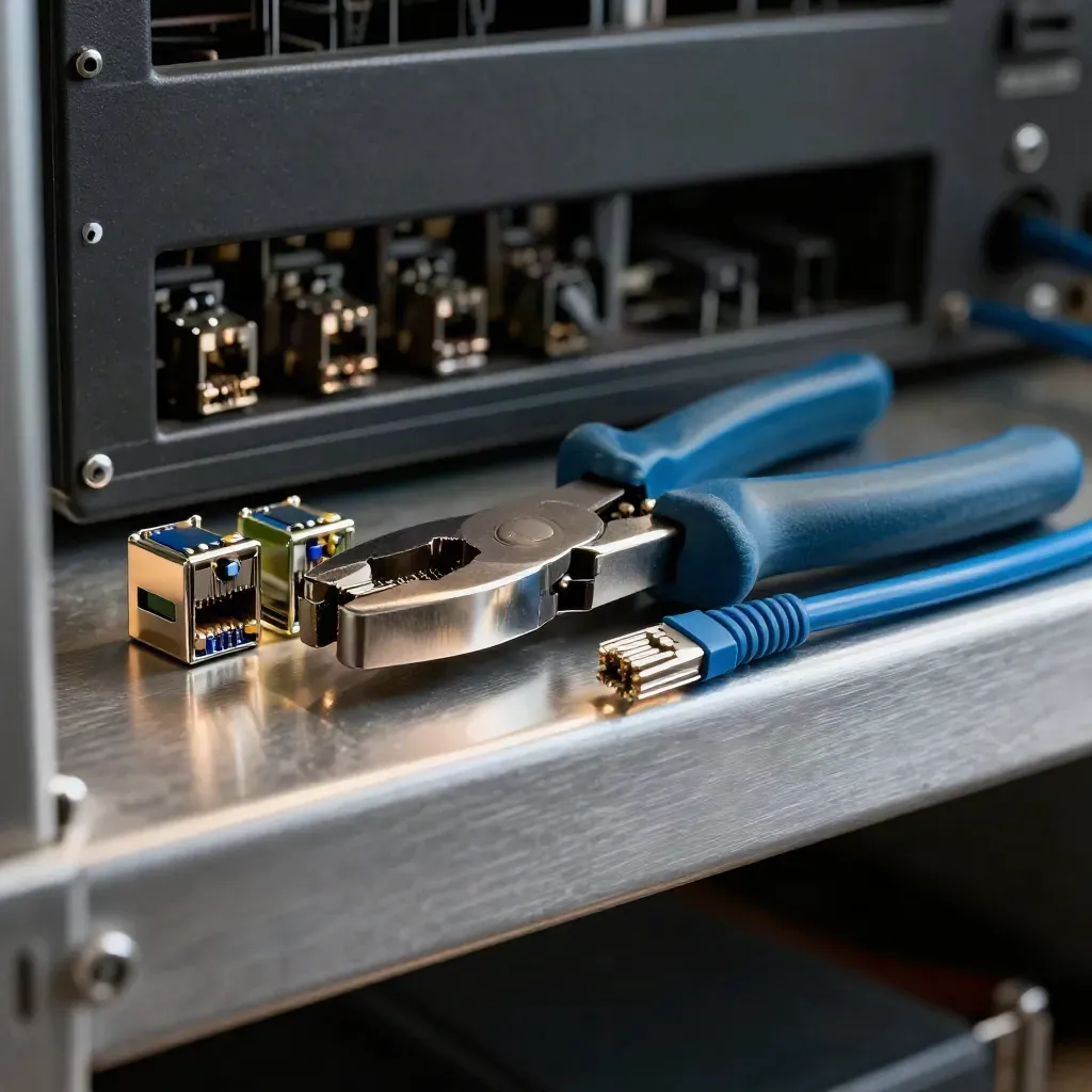 Pinza crimpatrice RJ45, keystone e cavo Cat6 su metallo spazzolato con luce radente.