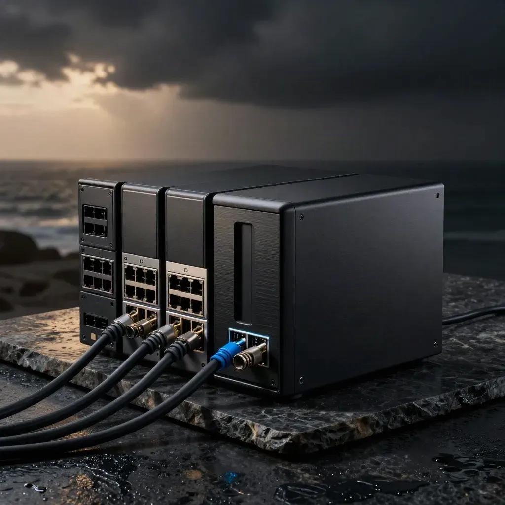 Firewall, NAS e switch su pietra scura con luce drammatica blu elettrico.
