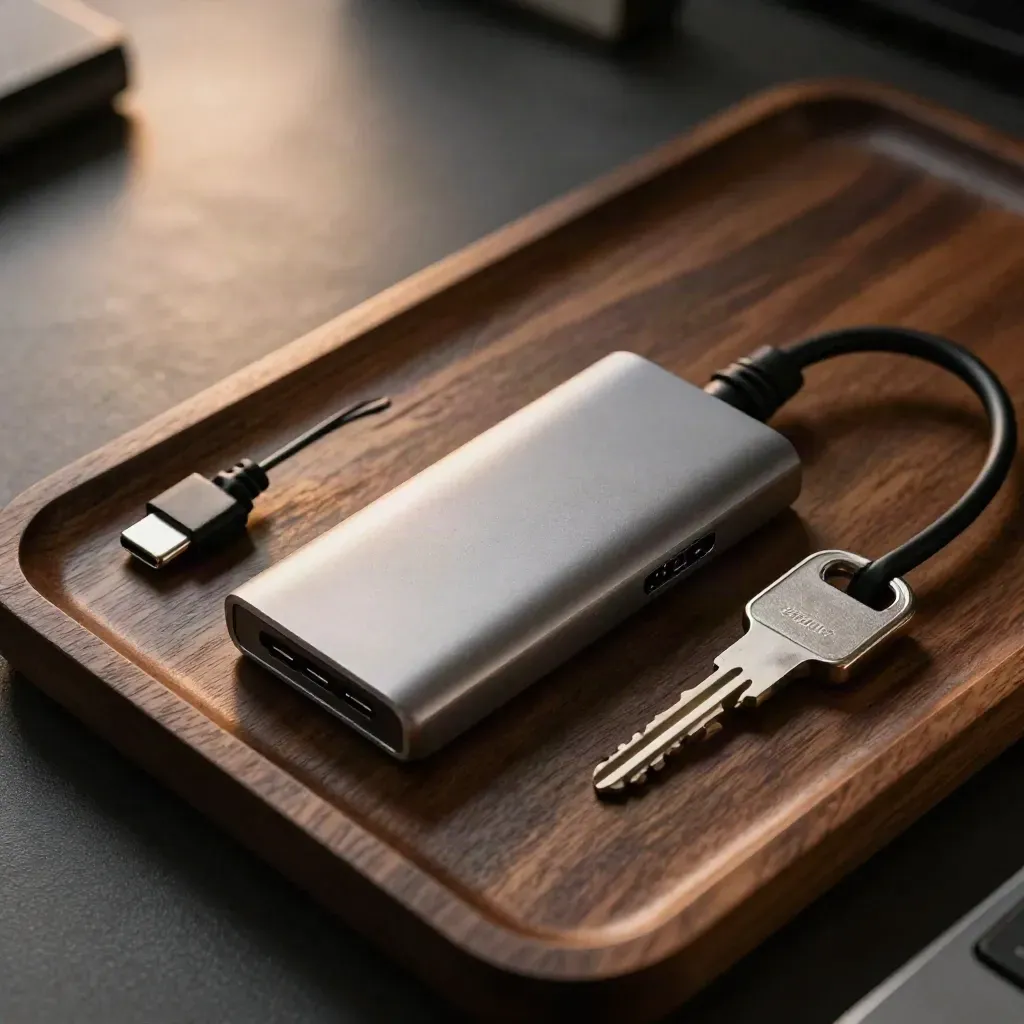 Hub USB-C in alluminio con cavo Ethernet corto e chiavetta backup su piano scuro.