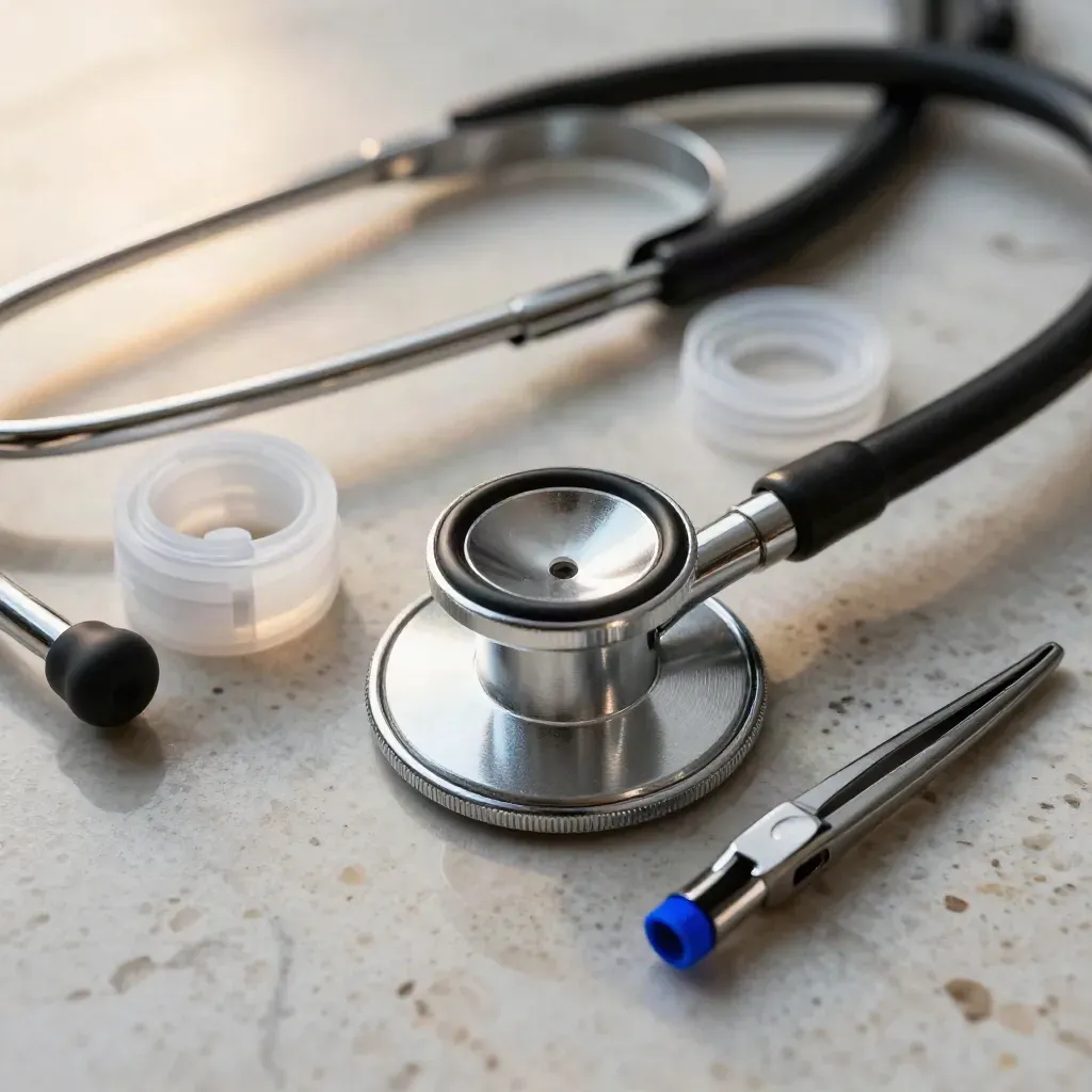 Stetoscopio, contenitore sterile, fascia elastica e clip metalliche su pietra travertino.