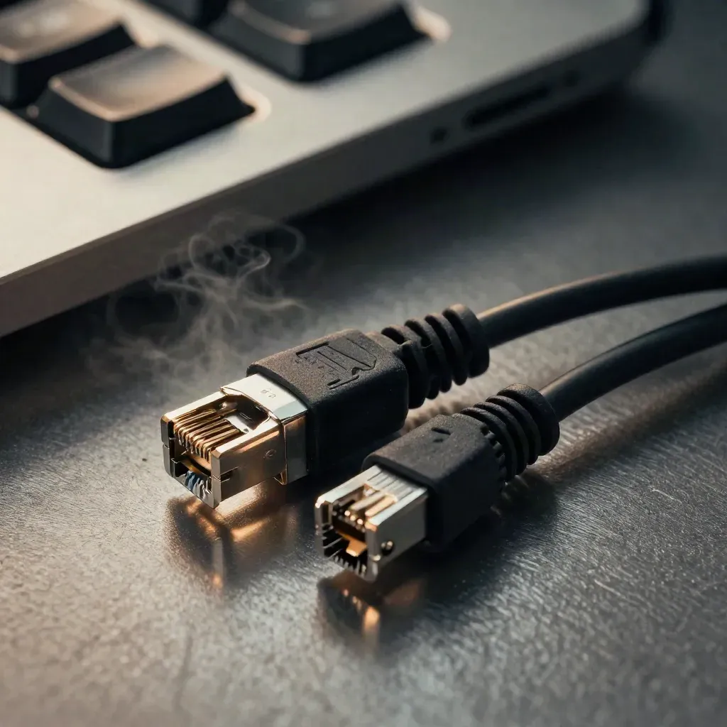 Connettore RJ45, keystone nero e cavi patch arrotolati su metallo spazzolato