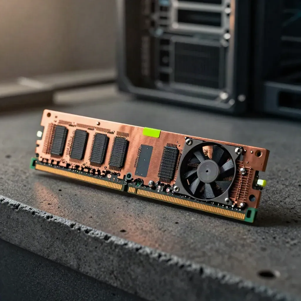 Modulo RAM con dissipatore in rame e ventola server su cemento scuro, luce radente.