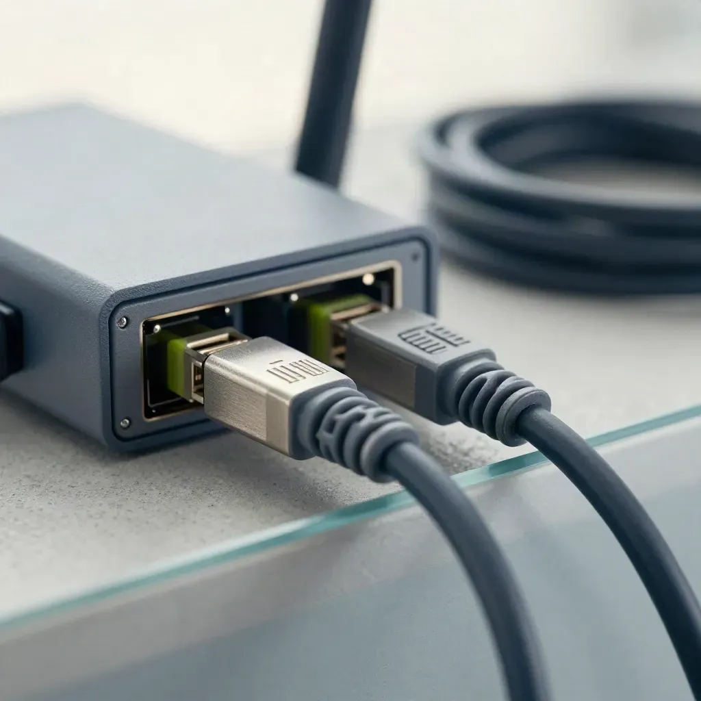 Switch, router e cavi di rete visti in macro con vetro satinato in primo piano.