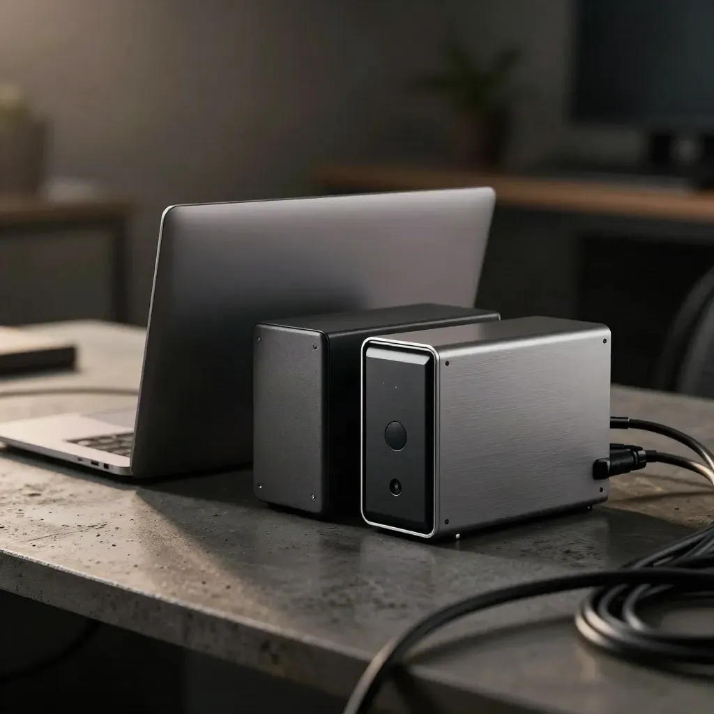 Laptop chiuso, NAS e disco esterno su banco scuro, visti tra cavi sfocati.