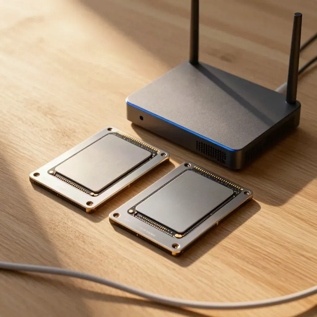 NAS modulare, due SSD e router su legno chiaro in flat lay con luce radente.