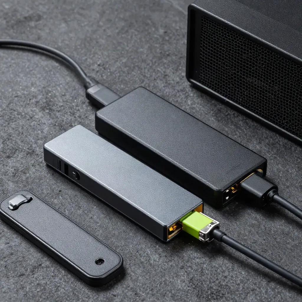 Tre SSD esterni, un cavo Ethernet corto e un filtro antipolvere server su superficie terracotta.