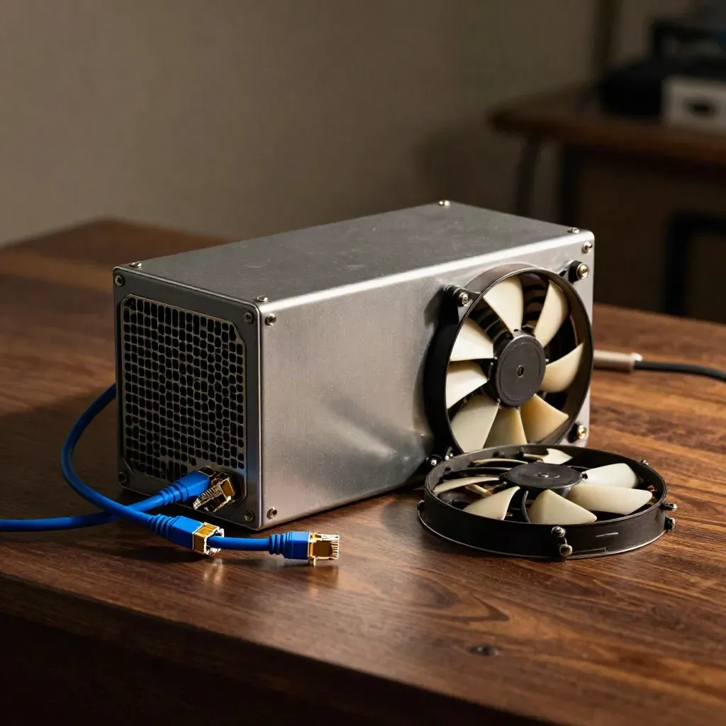 Alimentatore server, cavi patch e ventola pulita su legno scuro, luce calda drammatica.