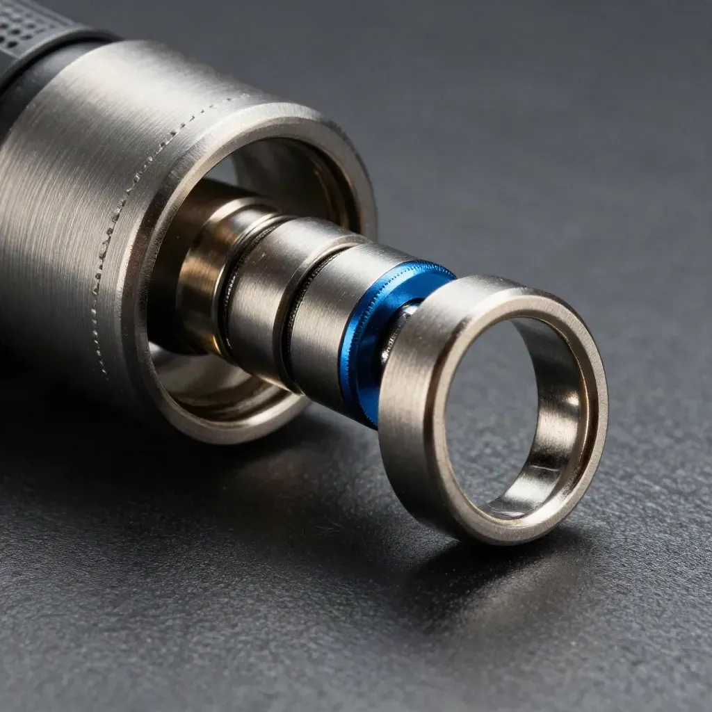 Anelli metallici e connettore magnetico su pietra grafite, luce drammatica blu elettrico.