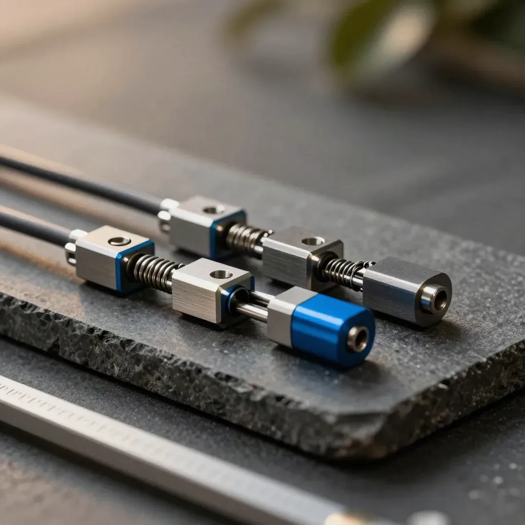 Moduli metallici e connettori su pietra scura, con un dettaglio blu elettrico.