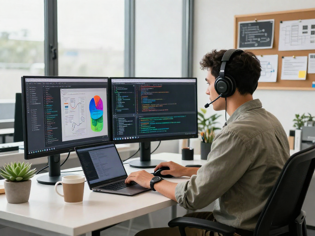 AI gf programming setup with a developer showcasing vibrant coding and innovative workspace.